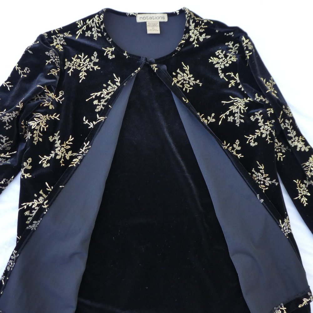 VeLVeT Vintage Black Cardigan Layered Gold Glitter Filigree Granny Chic Spandex